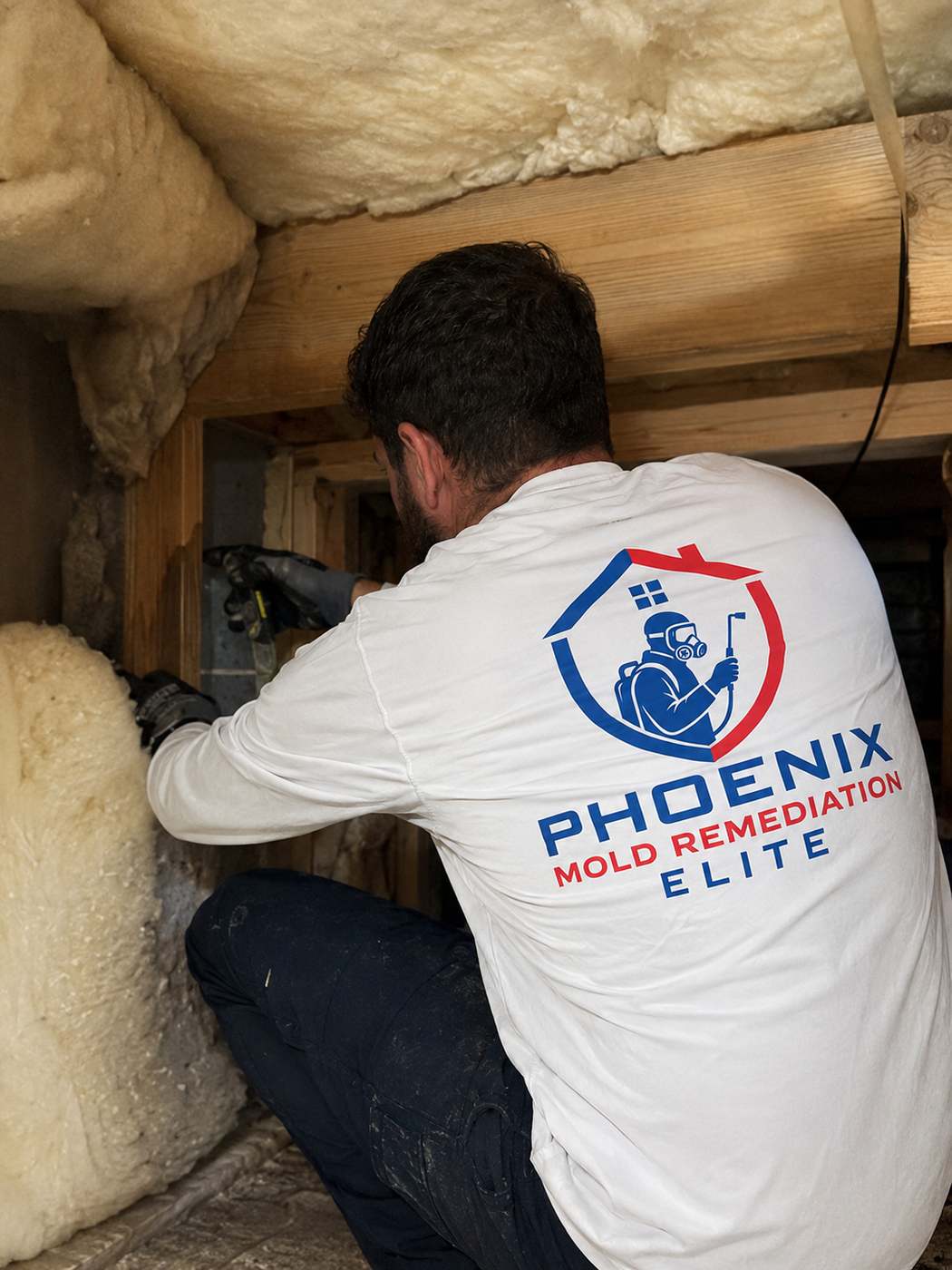 Attic mold growth on roof sheathing being inspected