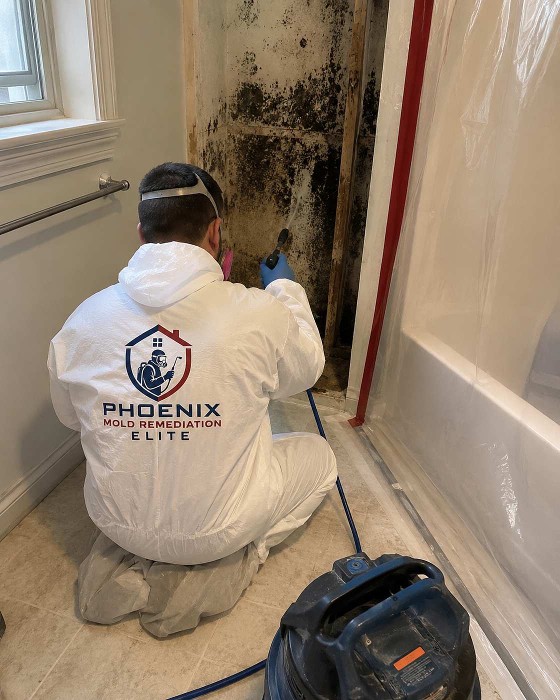 Black mold removal inside a bathroom around the tub and tile